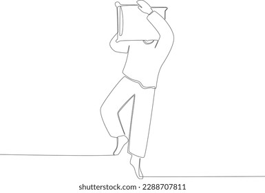 A young man slept with his face covered by a pillow. Sleep one-line drawing