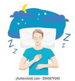 Young man slept well at night. Healthcare and medical concept. Hand draw style. Vector illustration.