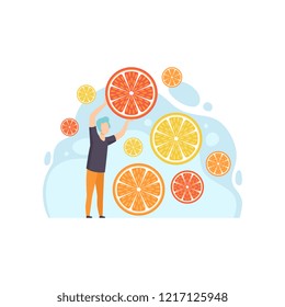 Young man with slices of lemon, grapefruit and orange vector Illustration on a white background