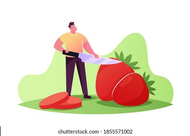 Young Man Slicing Huge Strawberry, Tiny Male Character Holding Knife, Vegetarian and Detox Diet, Healthy Food, Fortified Nutrition, Fruits Source of Vitamin and Health. Cartoon Vector Illustration