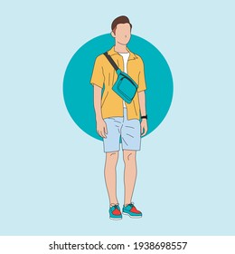 Young man with sling bag. Vector flat illustration. A simple flat vector design