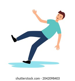 Young man slip fall on wet floor in flat design on white background. Caution wet floor.