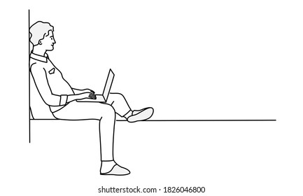 Young man in slippers sits on the couch and uses the phone. Hand drawn vector illustration.
