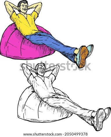 Young man slouching on a beanbag cushion. Hand drawn vector illustration.