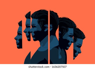 A Young Man Slpit Into Sections. Mental Wellbeing And Mens Issues Concept.Vector Illustration