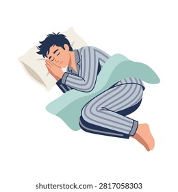 Young man slumbering deeply on pillow comfortable repose peaceful dreams represented in clean vector style. Ideal for wellness campaigns.