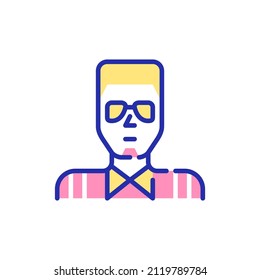 Young man with small beard and trendy haircut, wearing a shirt. Pixel perfect, editable stroke fun color avatar icon
