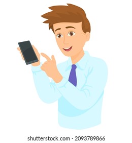 Young man with smart phone in hand pointing with forefinger to product.