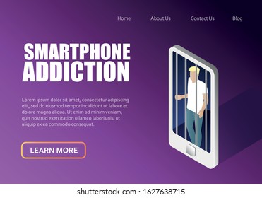 Young man with smartphone addiction. Landing page template with a boy imprisoned in mobile phone. Concept of addiction to cell phones and gadgets. Modern psychological problem. Isometric vector