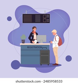 Young man with smartphone at airport registration desk. Male traveler with suitcase waiting for check in to his flight. Vector illustration for travel, vacation, departure, boarding concept