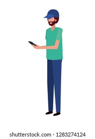 young man with smartphone avatar character