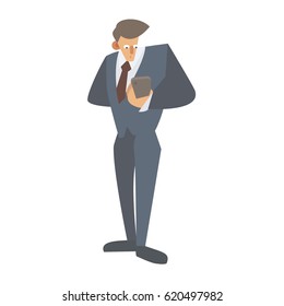 Young man with smartphone. Businessman. Vector flat design illustration isolated on white background. 