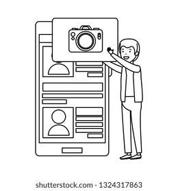 young man with smartphone and camera app
