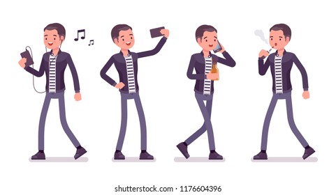 Young man with smartphone. Caucasian millennial boy with gadgets wearing city clothing, listening to music, phone talking, smoking electronic cigarette. Vector flat style cartoon illustration