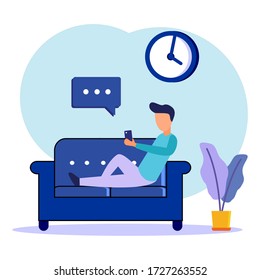 A young man with a smartphone. Character Sitting in a living room chair, Looking at the Screen and Talking with Colleagues Online. Home Office Concept. Flat Isometric Vector Illustration.