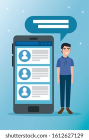 young man and smartphone with chat isolated icon vector illustration design