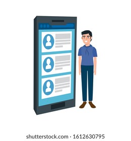 young man and smartphone with chat isolated icon vector illustration design