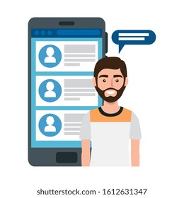 young man and smartphone with chat isolated icon vector illustration design