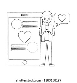 young man with smartphone chatting romantic love