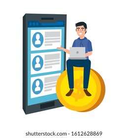 young man and smartphone with coin vector illustration design