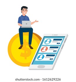 young man and smartphone with coin vector illustration design