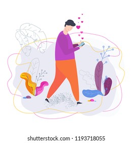 Young man with smartphone communicates in dating chat. Receives and sends love messages. Modern flat vector design concept for website and mobile website