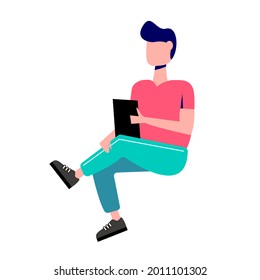 Young man with smartphone. The concept of social networking, messaging, customer assistance. Vector illustration.