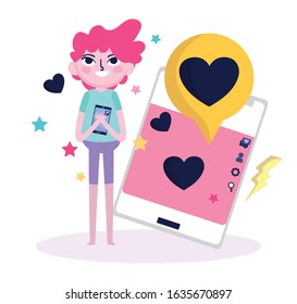 young man with smartphone conversation romantic love social media vector illustration
