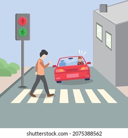 Young man with smartphone crossing road on red traffic lights, road safety. Car vehicle accident danger, Crosswalk accident. Vector colorful illustration