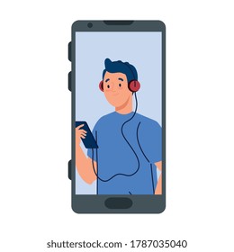 junger Mann auf Smartphone-Gerät auf weißem Hintergrund, Vektorgrafik-Design