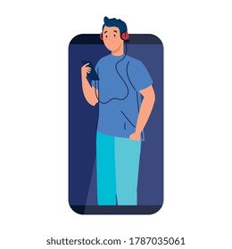 joven en dispositivo de smartphone, en diseño de ilustración de vector de fondo blanco