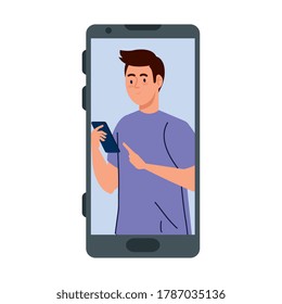 junger Mann auf Smartphone-Gerät auf weißem Hintergrund, Vektorgrafik-Design