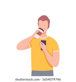 Young Man with Smartphone Drinking Coffee, Male Character Enjoying of Hot Drink Flat Vector Illustration