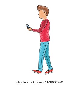 Young man with smartphone faceless scribble