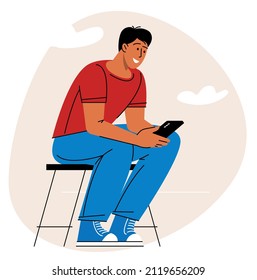 Young man with smartphone flat design vector concept. The boy sitting and typing, chatting, and web surfing.
