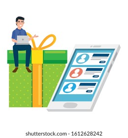young man with smartphone and gift box present vector illustration design