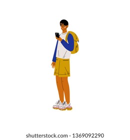 Young Man with Smartphone, Guy with Backpack Using  Electronic Gadget Vector Illustration