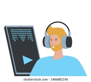 young man with smartphone and headset