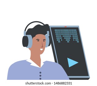young man with smartphone and headset