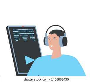 young man with smartphone and headset