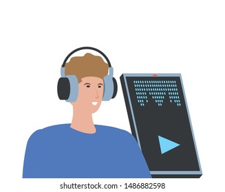 young man with smartphone and headset
