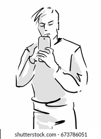 young man with a smartphone is looking at the screen and poking at it with his finger vector sketch