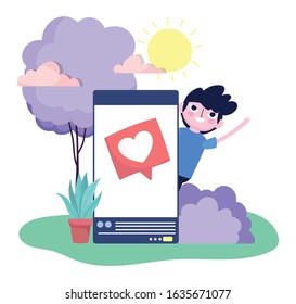 young man smartphone love message outdoor social media vector illustration