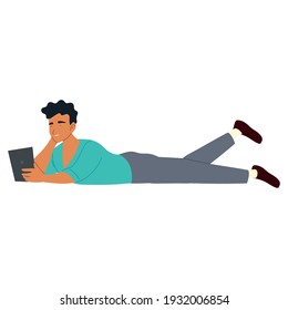 joven con smartphone en el piso, retrasando la ilustración vectorial diseño aislado