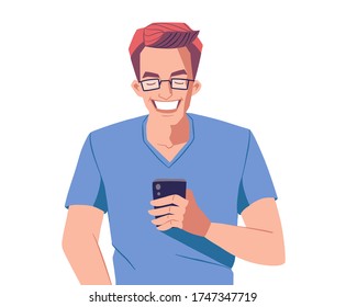 Young man with smartphone. Male character holding mobile phone in hands. Online communication concept. Vector illustration.