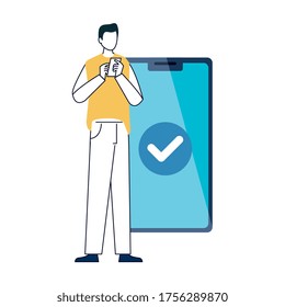 young man with smartphone on white background, social media, communication online concept vector illustration design