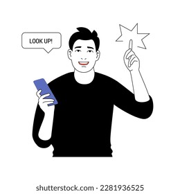 Young man with smartphone pointing finger up. Vector cartoon illustration of human gesture isolated on white background. Happy smiling male character.