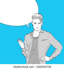 A young man with a smartphone. Pop art illustration. Fashion guy with a smartphone. Template with bubble for text.