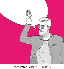 A young man with a smartphone. Pop art illustration. Fashion guy with a smartphone. Template with bubble for text.