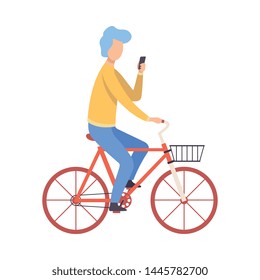 Young Man with Smartphone Riding Bicycle, Cycling Guy Exercising, Relaxing or Going to Work Vector Illustration